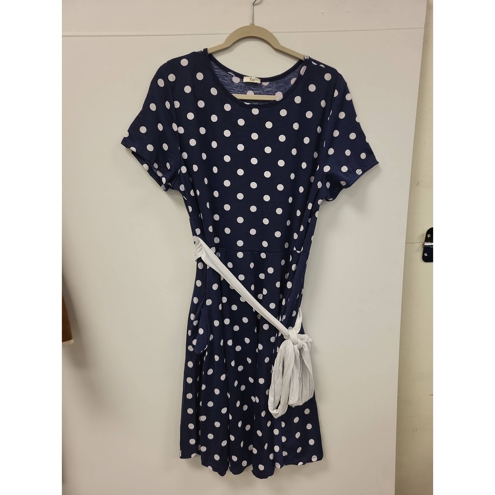 Égs Womens Dress 2XL Navy Blue Polka Dot Belt Short Sleeve Casual‎ Summer